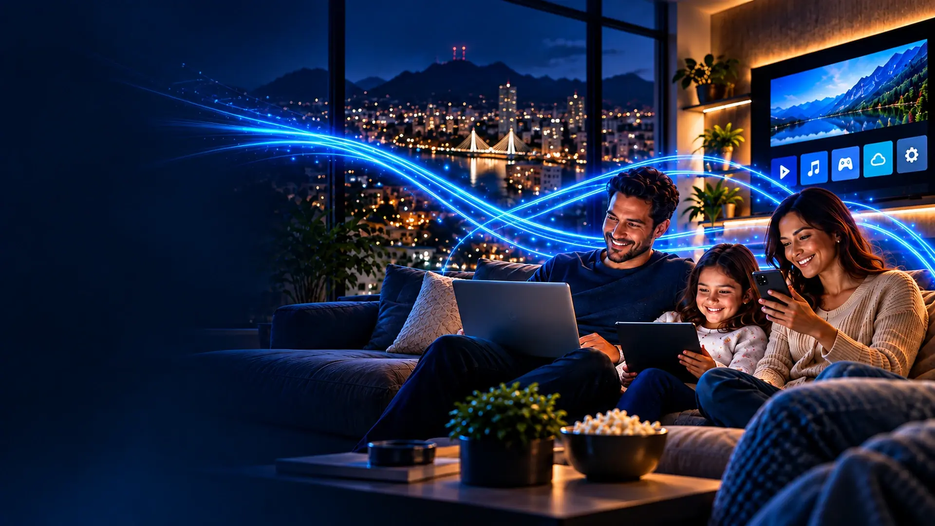 Família conectada em casa usando notebook, tablet e smartphone com internet fibra